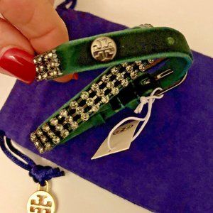 NWT Tory Burch CRYSTAL EMBELLISHED DOUBLE WRAP VELVET BRACELET Malachite